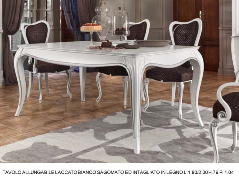 Tavolo Allungabile Laccato Bianco Sagomato Ed Intagliato In Legno N